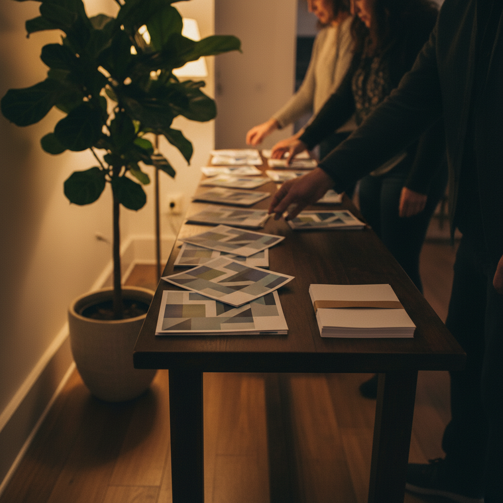 Open house table scene with brochures and flyers neatly arranged for property visitors