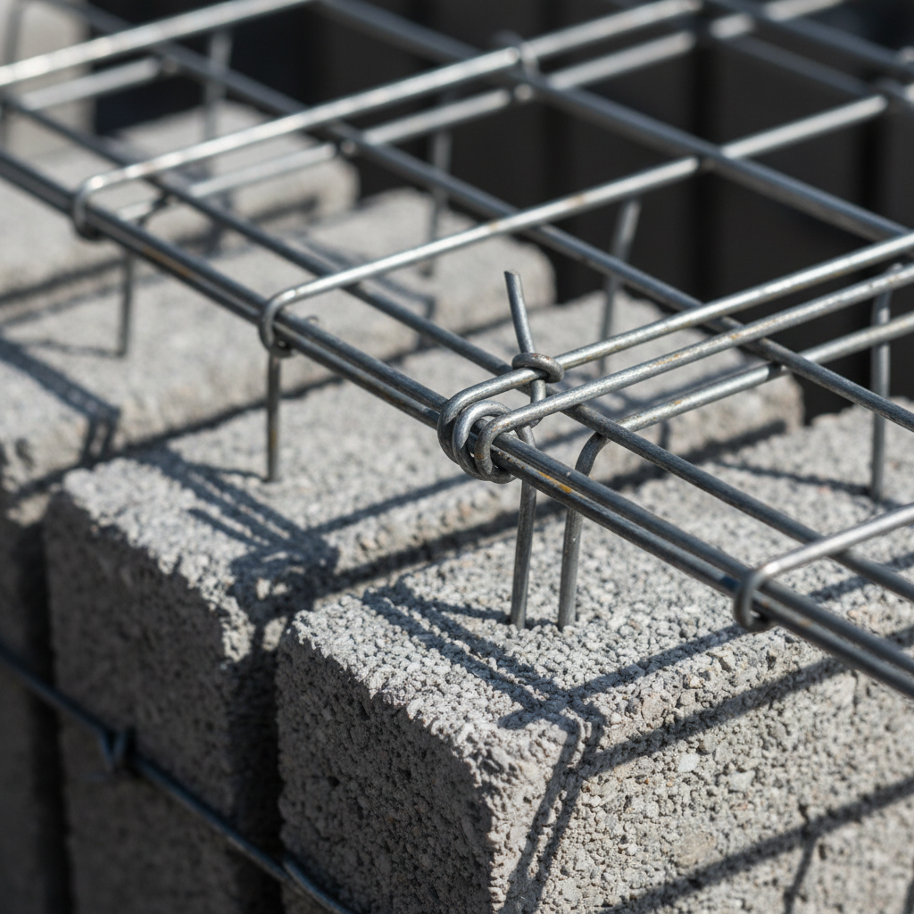 Close-up of welded wire mesh intersection tied over concrete cover blocks in mesh reinforced concrete slab