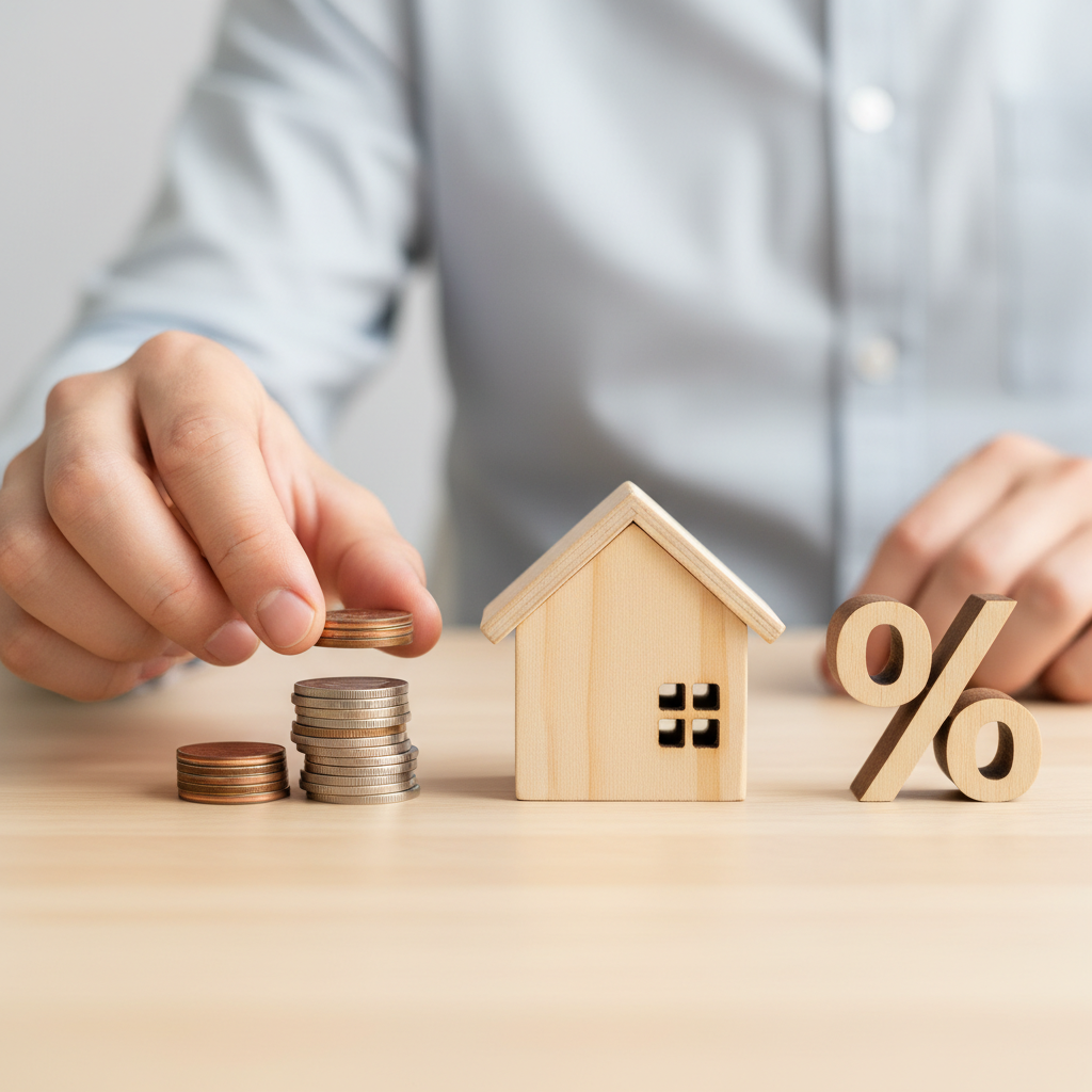 Close-up representation of refinance rate concepts: wooden house, stacked coins, and percent symbol to explain mortgage refinance interest rates
