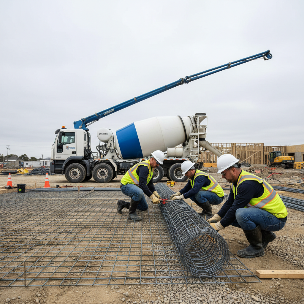 Workers rolling out welded wire mesh on a jobsite before a slab pour with a concrete truck in the background
