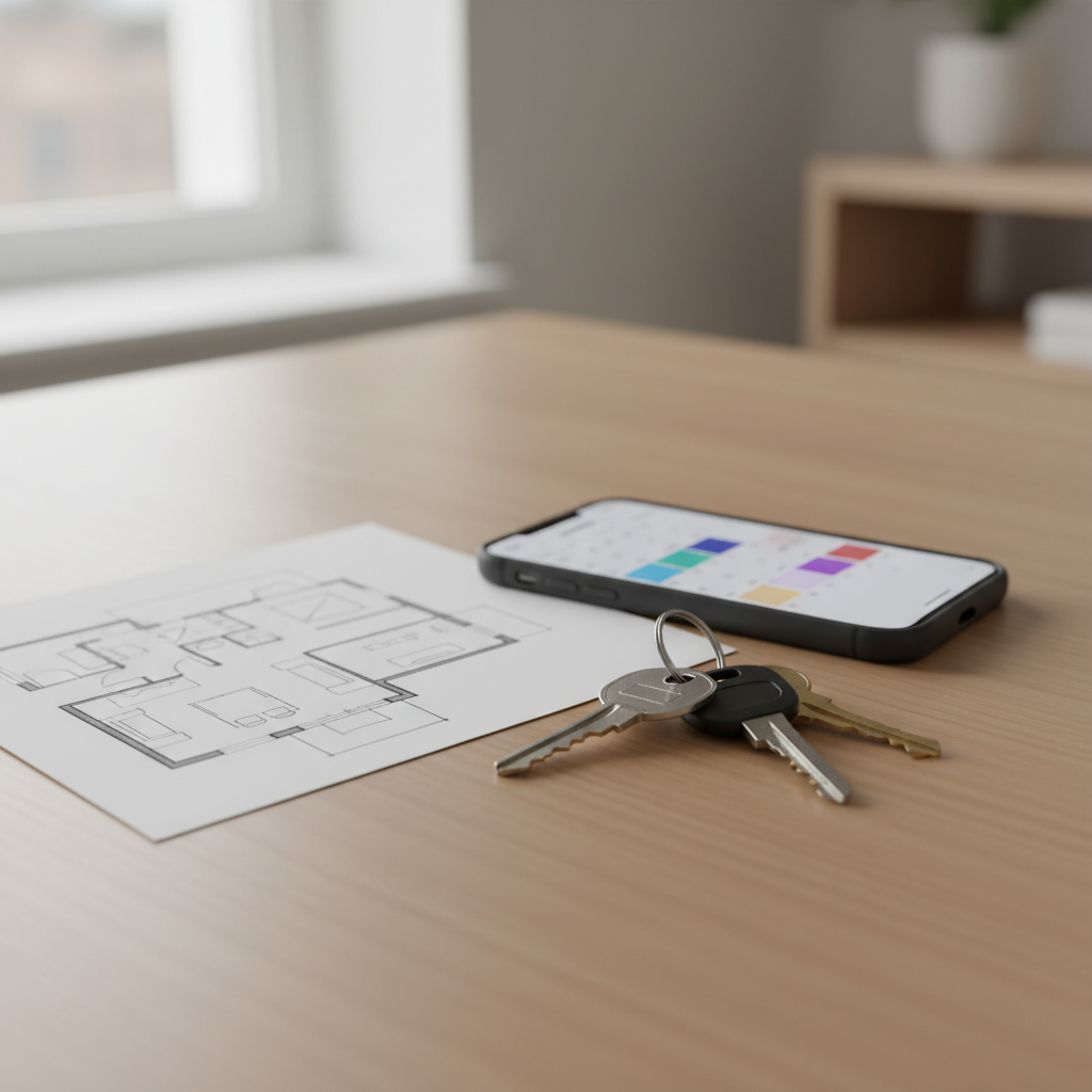 House keys beside a moving timeline for selling your home while buying another in Mississauga