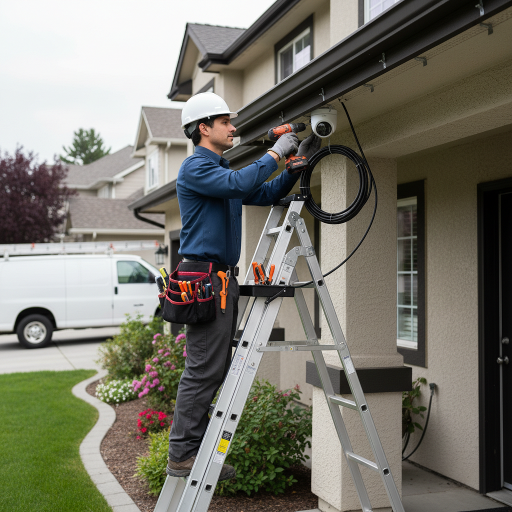 Technician installing a PoE security camera under a soffit for a smart home system