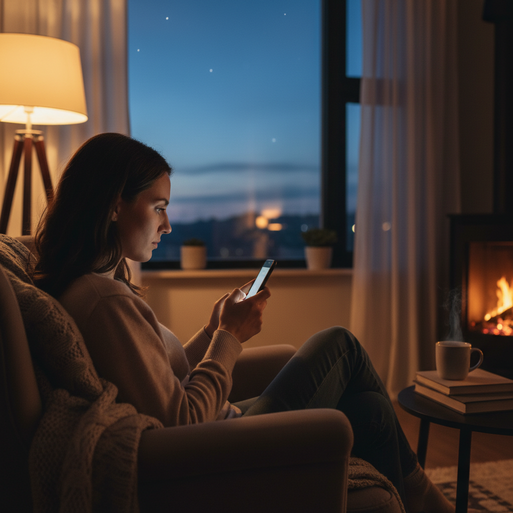 Side-angle scene of a person reading a detailed astrology email on a smartphone at dusk, showing how an email horoscope reading supports real-life decisions