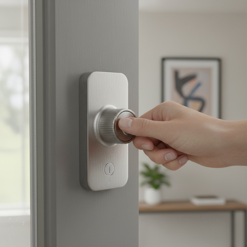 Close-up of a smart deadbolt lock integrated into a home security system