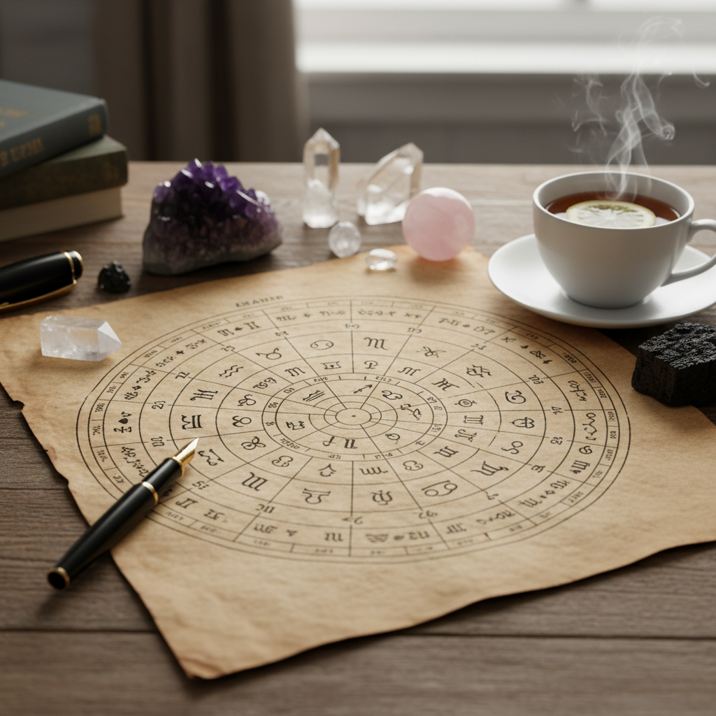 Close-up of a printed natal chart wheel with pen and crystals, illustrating the email horoscope reading process and Vedic analysis details