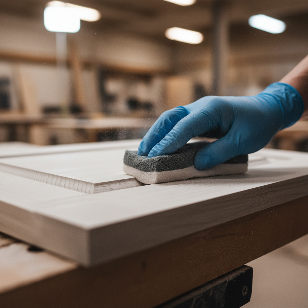 Close-up sanding between coats during bathroom cabinet refinishing with bonding primer and 220–320 grit for a smooth, durable finish