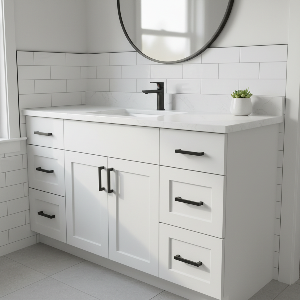 After shot of bathroom cabinet refinishing: satin white vanity with matte black hardware and quartz top in a Toronto home