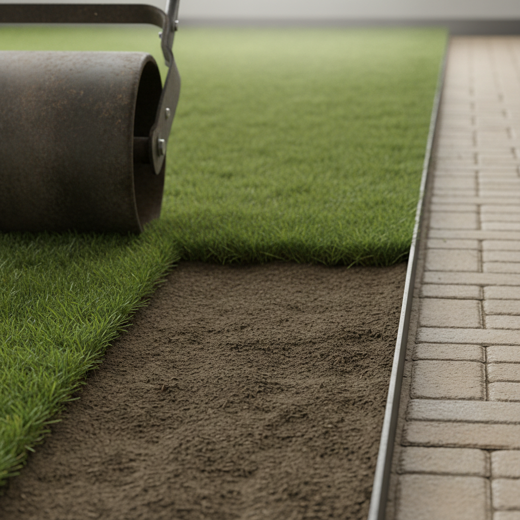 Close-up of fresh sod seams aligned over leveled topsoil beside interlocking pavers in Mississauga lawn replacement
