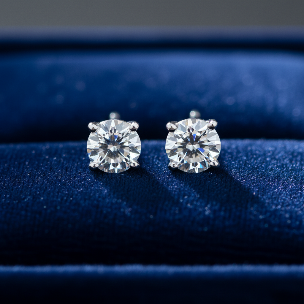 Diamond stud earrings close-up in 14k white gold with secure prong setting—ideal gift jewelry under 500 for everyday wear