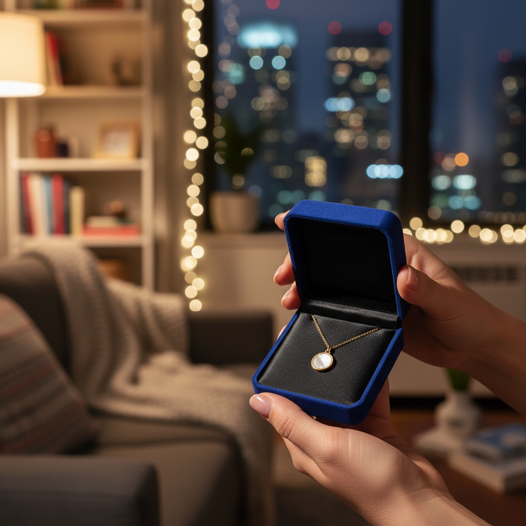 Lifestyle moment: hands presenting a velvet box with a dainty gold pendant—New York gifting scene