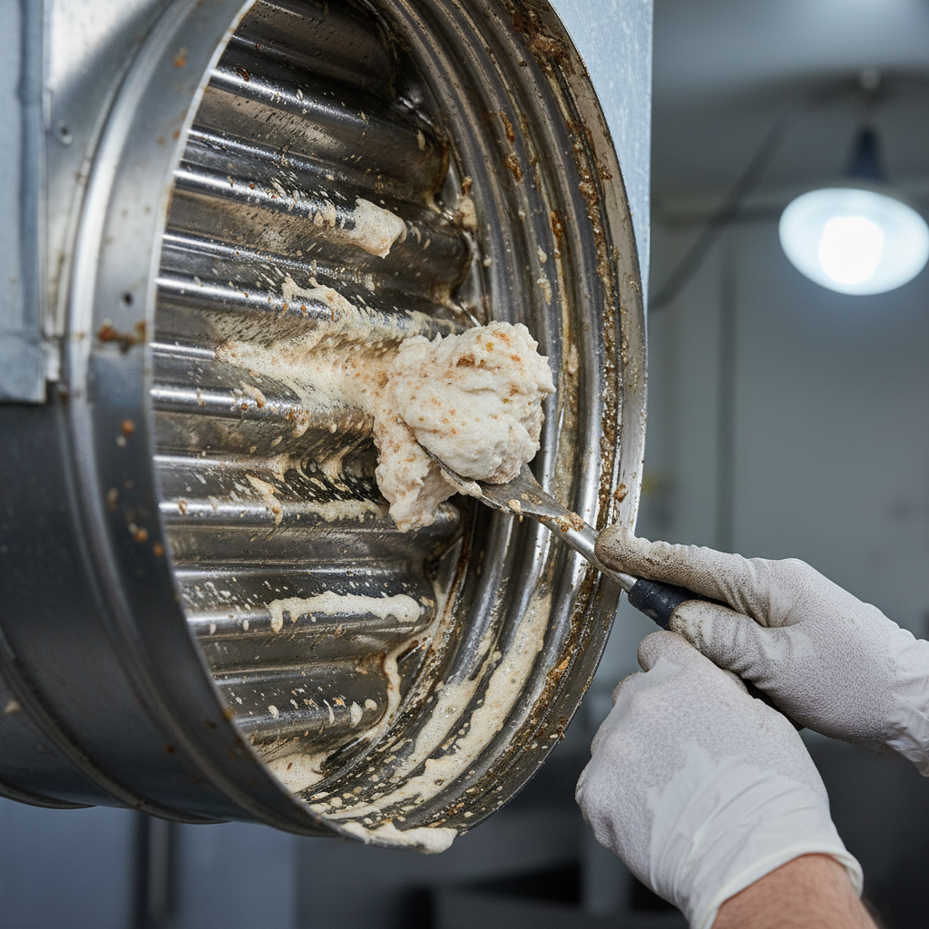 Close-up of exhaust duct degreasing during commercial kitchen cleaning services in Ontario, showing gloved hands scraping grease and foaming cleaner on stainless steel