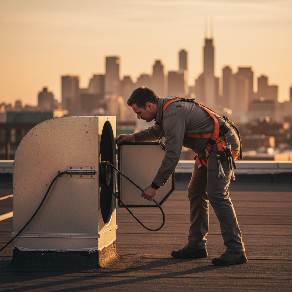 Technician replacing a rooftop exhaust fan belt during commercial kitchen cleaning services, golden hour light over Ontario skyline
