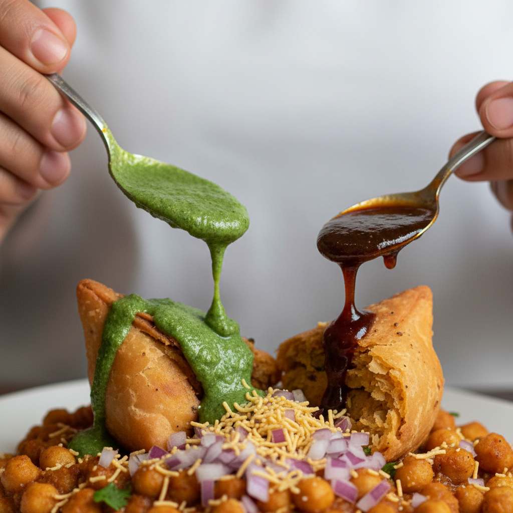 Close-up of Indian samosa chaat assembly: chutneys drizzled over crushed samosa and warm chole in Brampton kitchen