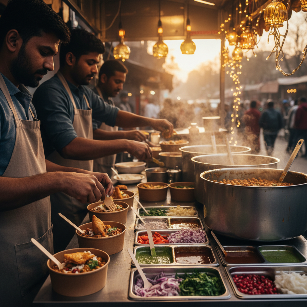 Side-angle scene of a Brampton chaat counter assembling takeout samosa chaat bowls with hot chole and fresh garnishes