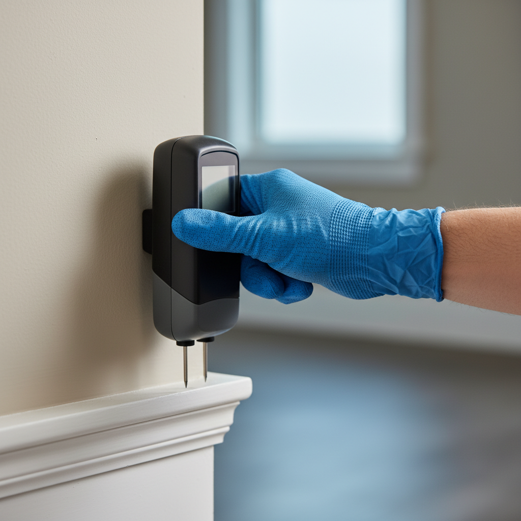 Close-up of a moisture meter used during a commercial property inspection to detect drywall moisture near a baseboard