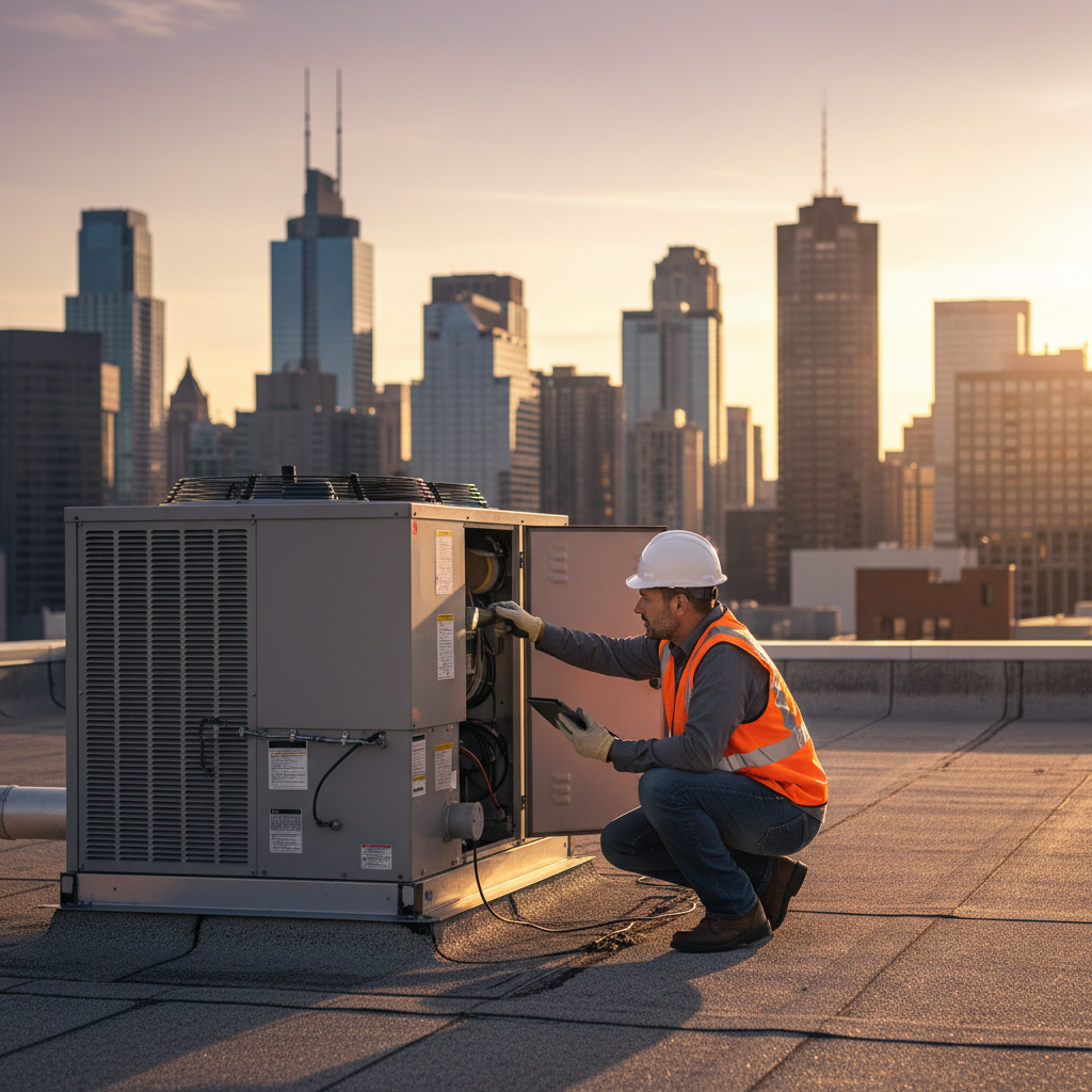 Inspector examining a rooftop HVAC unit during a commercial building inspection at sunset in the Toronto area