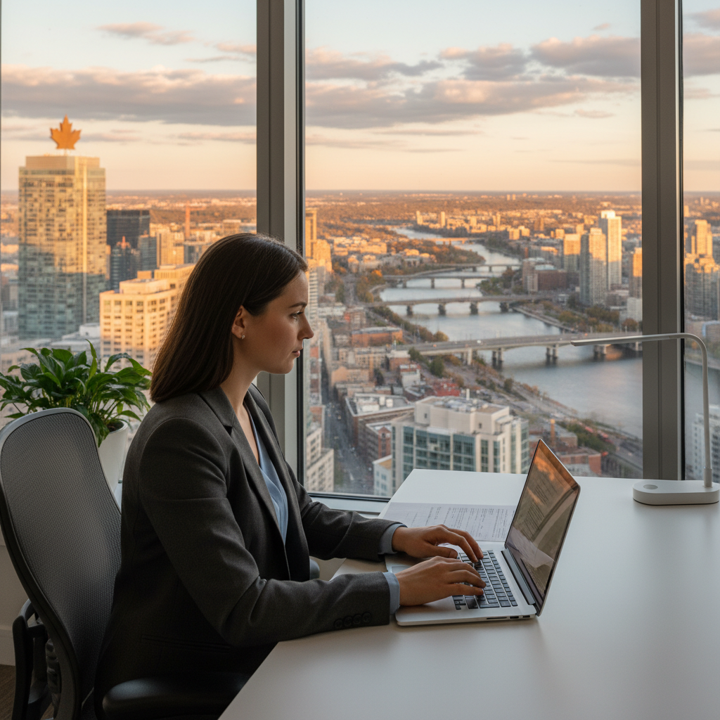 Young professional in Canada evaluating study permit versus work permit options with city skyline in background