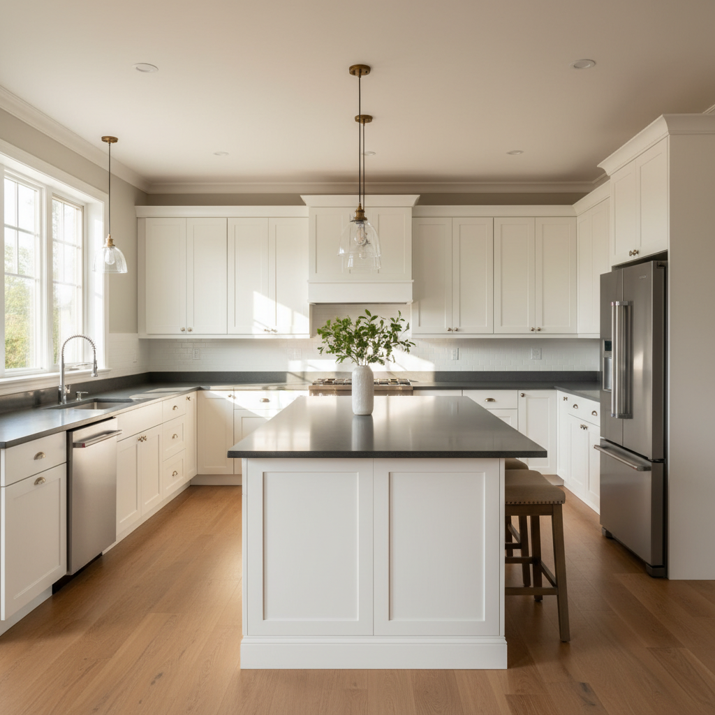 Kitchen Renovation Costs: Avoid Surprises in 2026 3 Featured renovated kitchen with shaker cabinets and quartz island illustrating decisions that influence average kitchen reno cost