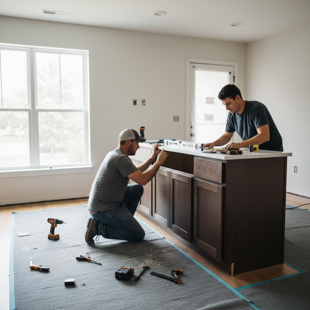 Kitchen Renovation Costs: Avoid Surprises in 2026 2 Professional installers leveling base cabinets and preparing countertop template during a kitchen renovation in the GTA