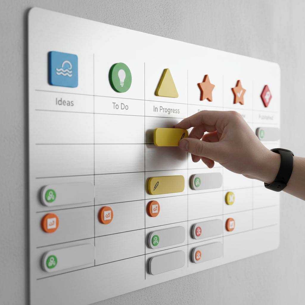 Close-up of a kanban-style SEO content creation workflow board showing stages and prioritization