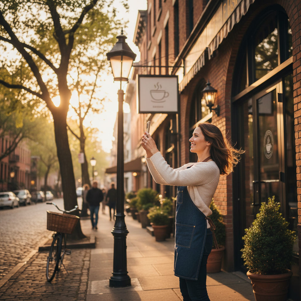 Small business owner photographing a storefront for a local listing update, supporting local SEO content creation