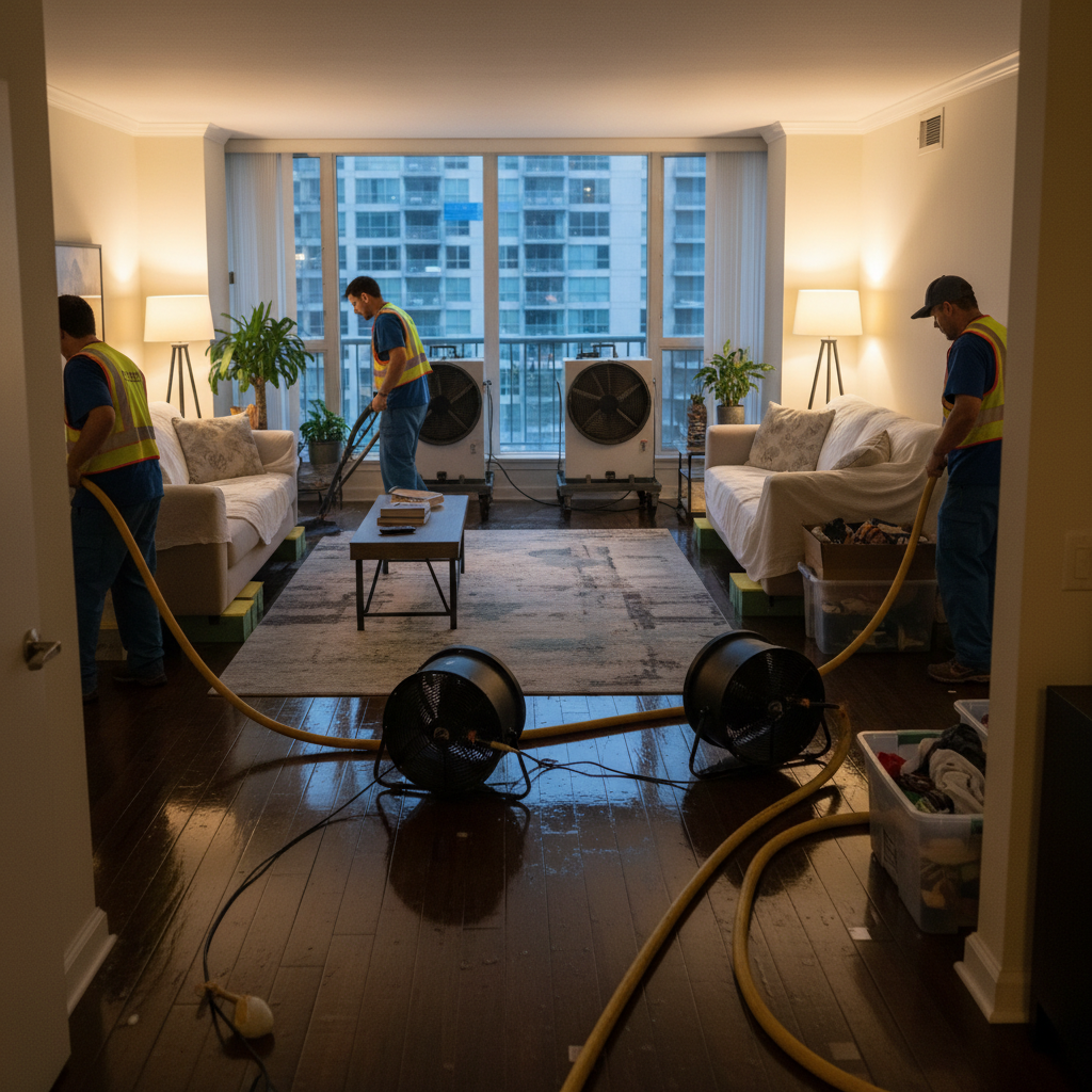Water restoration team using dehumidifiers and air movers in a condo living room after water damage