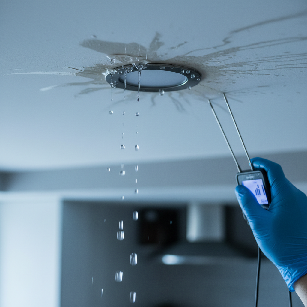 Close-up of condo ceiling leak around a light fixture, illustrating water damage in a condo and the need for fast mitigation