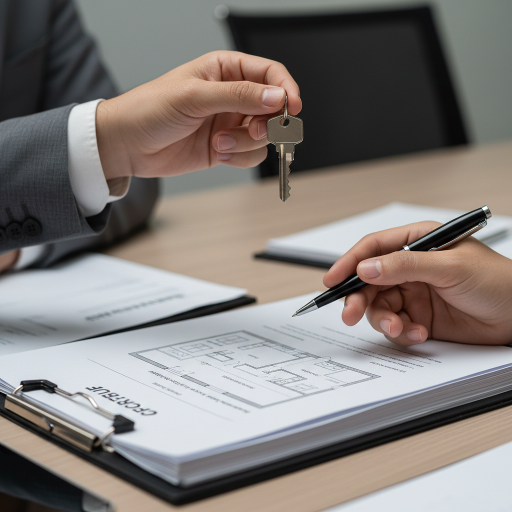 Hands exchanging house key over real estate closing documents in Toronto, illustrating a real estate lawyer’s role