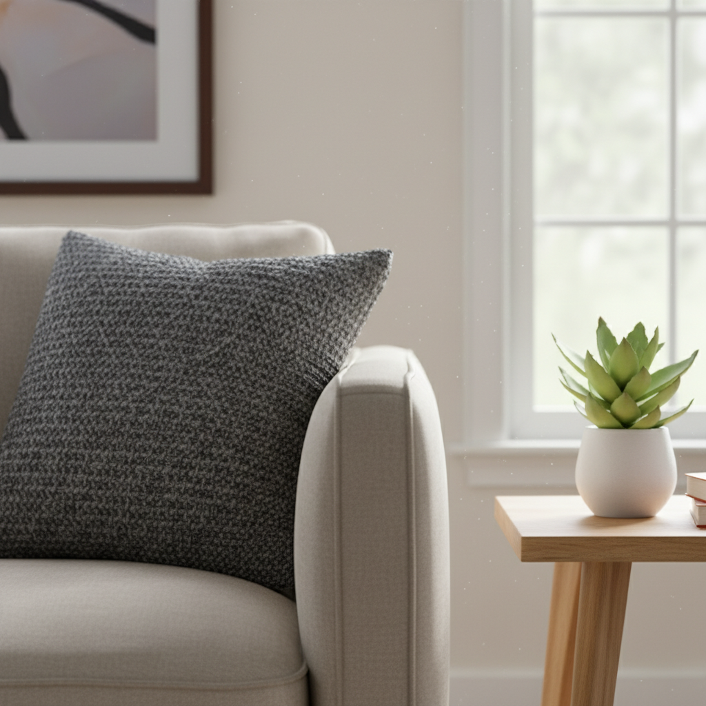 Detail shot of staged living room corner at an Edmonton open house, highlighting neutral decor and natural light