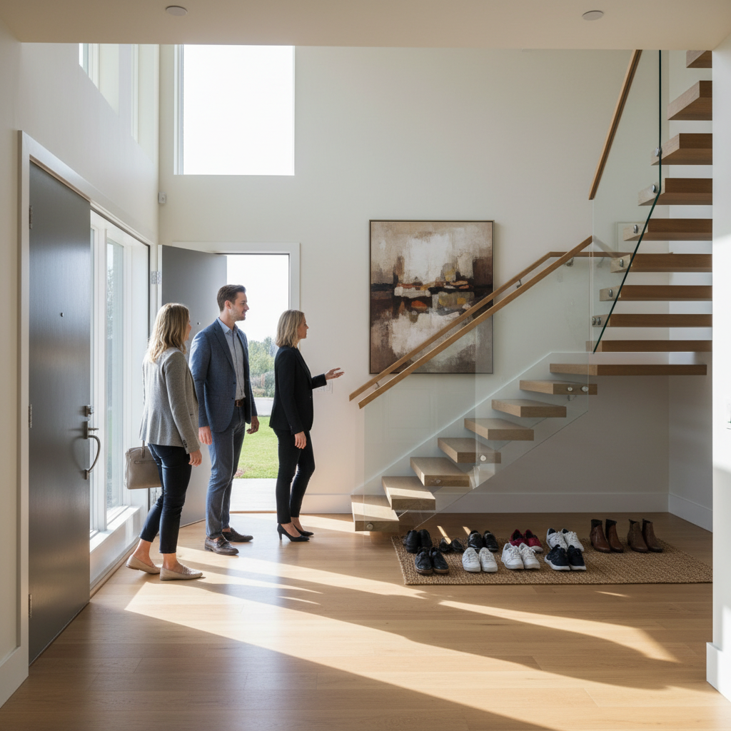 Side-angle view of buyers entering an Edmonton home foyer during an open house, showing staircase and natural light