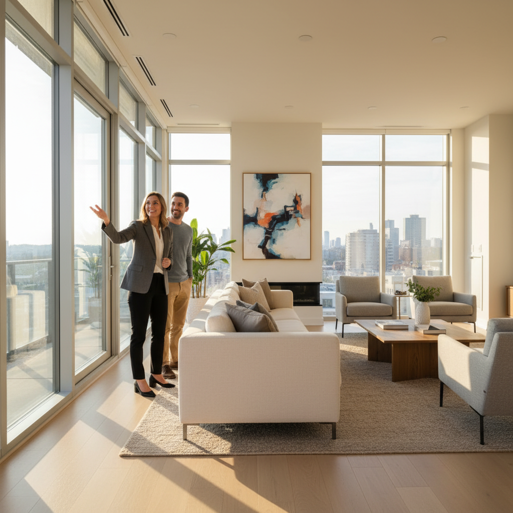 Real estate agent showing a bright Mississauga townhouse living room to home buyers during a guided tour