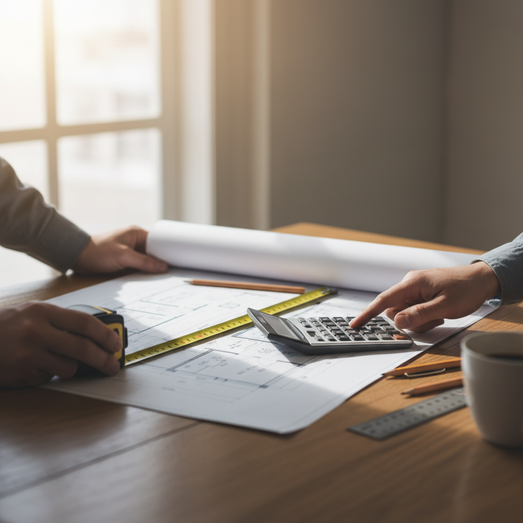 Close-up of a Mississauga home buyer reviewing floor plans and measurements while planning how to buy a home in Mississauga