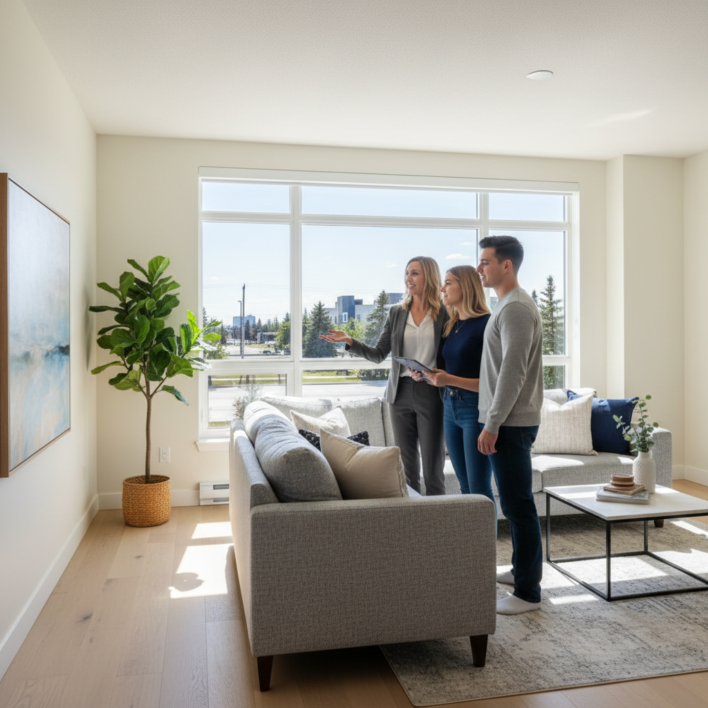 Real estate agent presenting a living room in Edmonton, demonstrating how sold data guides offers and list strategy