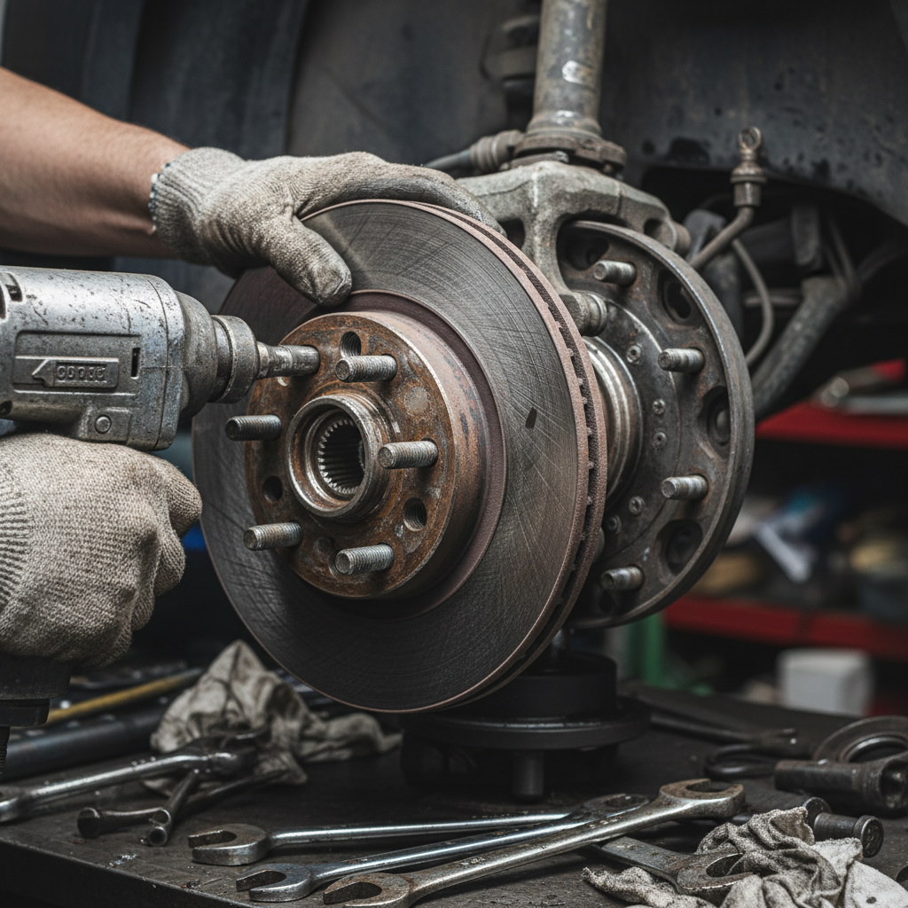 Close-up of dismantled car hub and rotor during scrap car for cash preparation