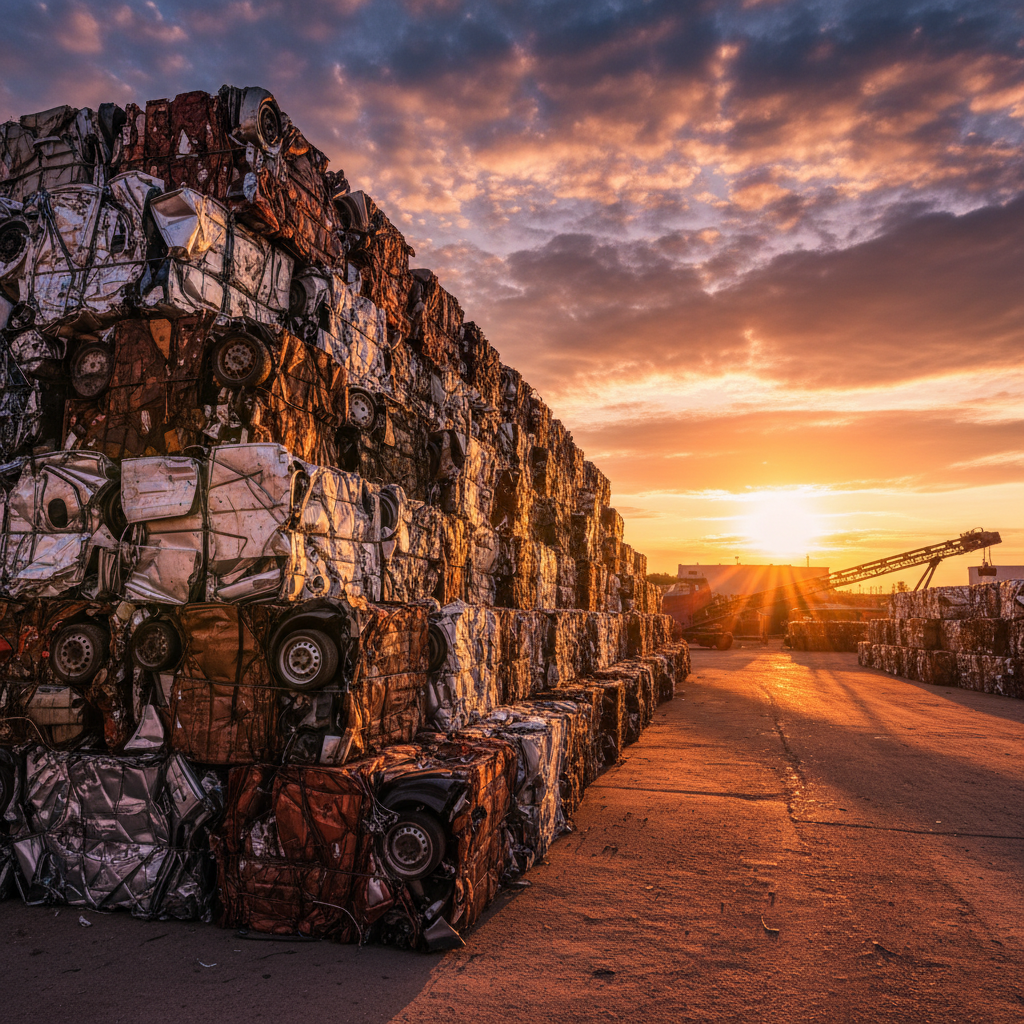 Stacked compressed car cubes at a recycling facility representing scrap car for cash lifecycle