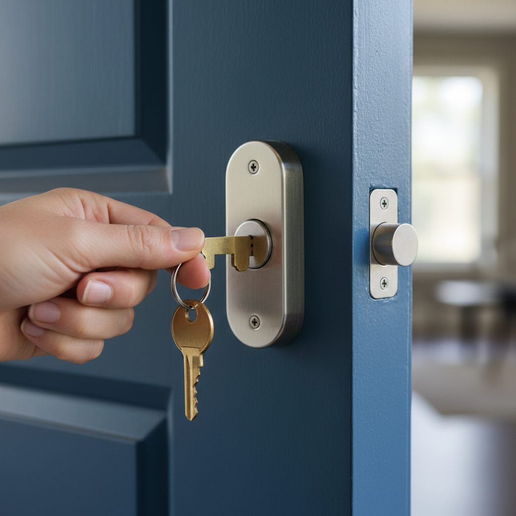 Close-up of a key turning in a modern front door lock, symbolizing a successful Edmonton home purchase