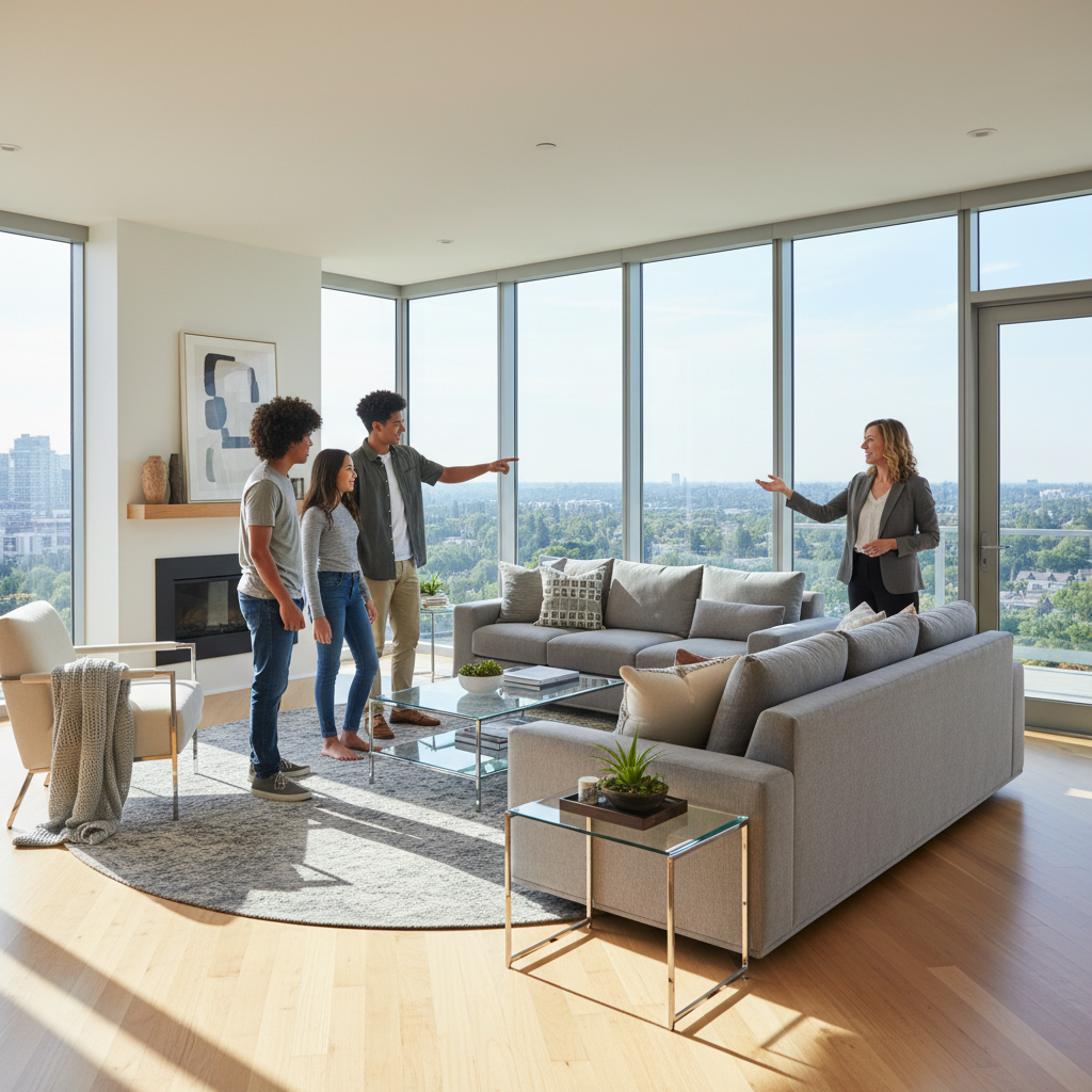 A family touring a bright open-concept living room in Southeast Edmonton with their REALTOR