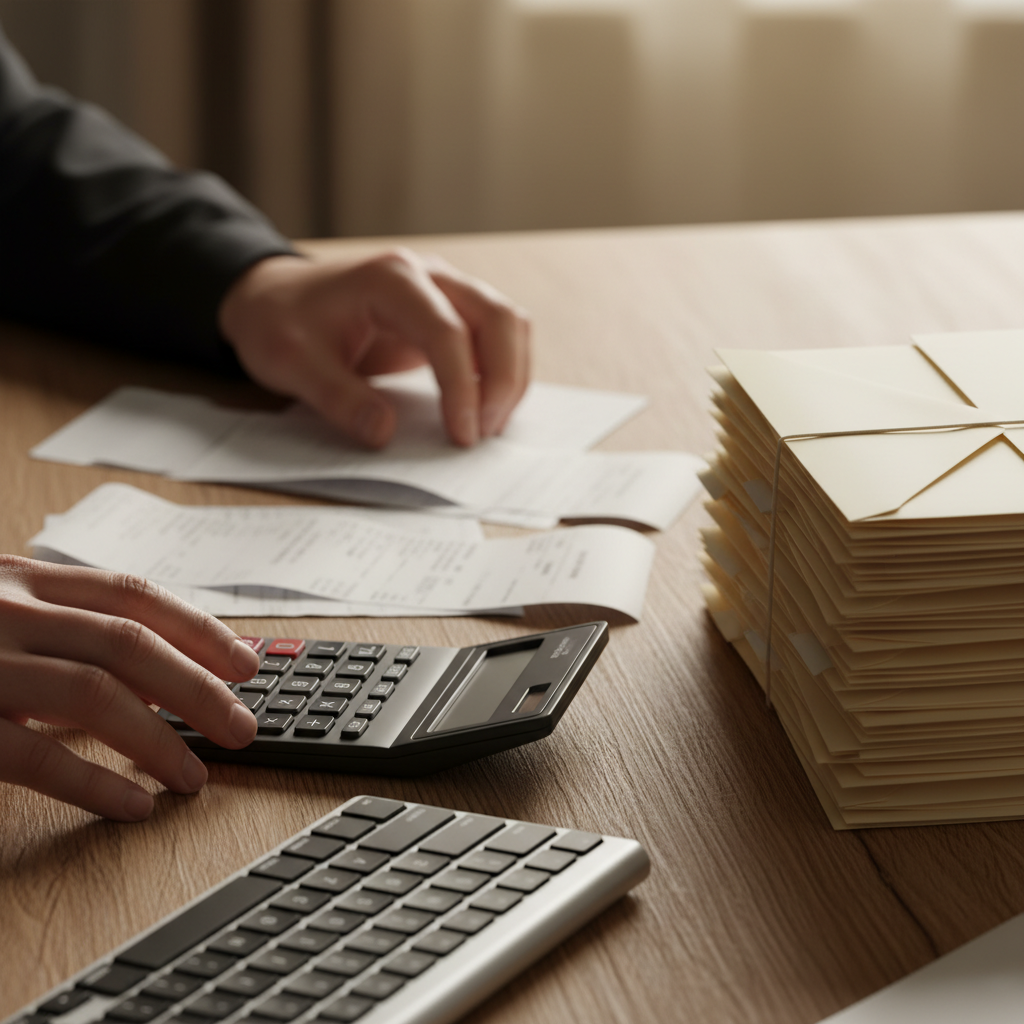 Close-up of organized receipts and calculator for tax preparation services in Parramatta