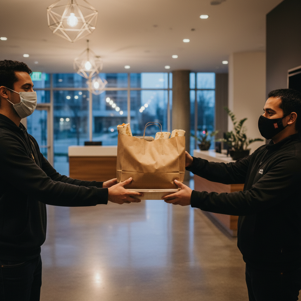 Shawarma delivery handoff in a Mississauga apartment lobby, showing packaged wraps and trays ready for contactless pickup