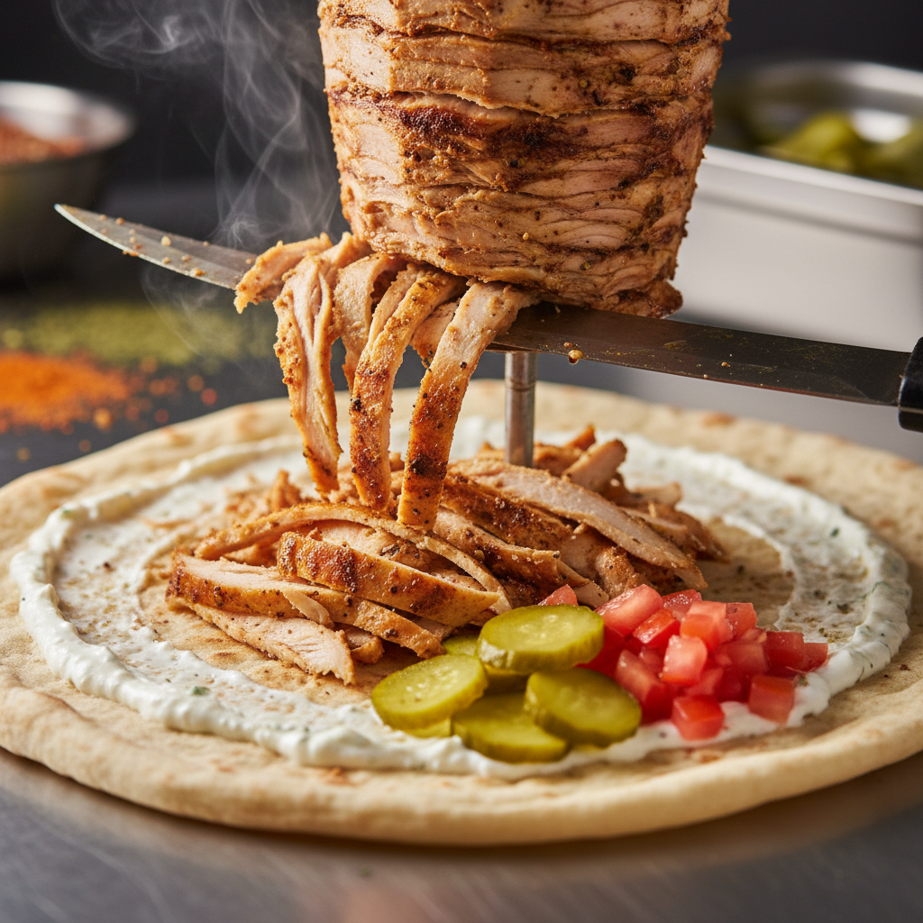 Close-up of chicken shawarma being sliced for Mississauga shawarma delivery, highlighting authentic Turkish flavors and fresh preparation