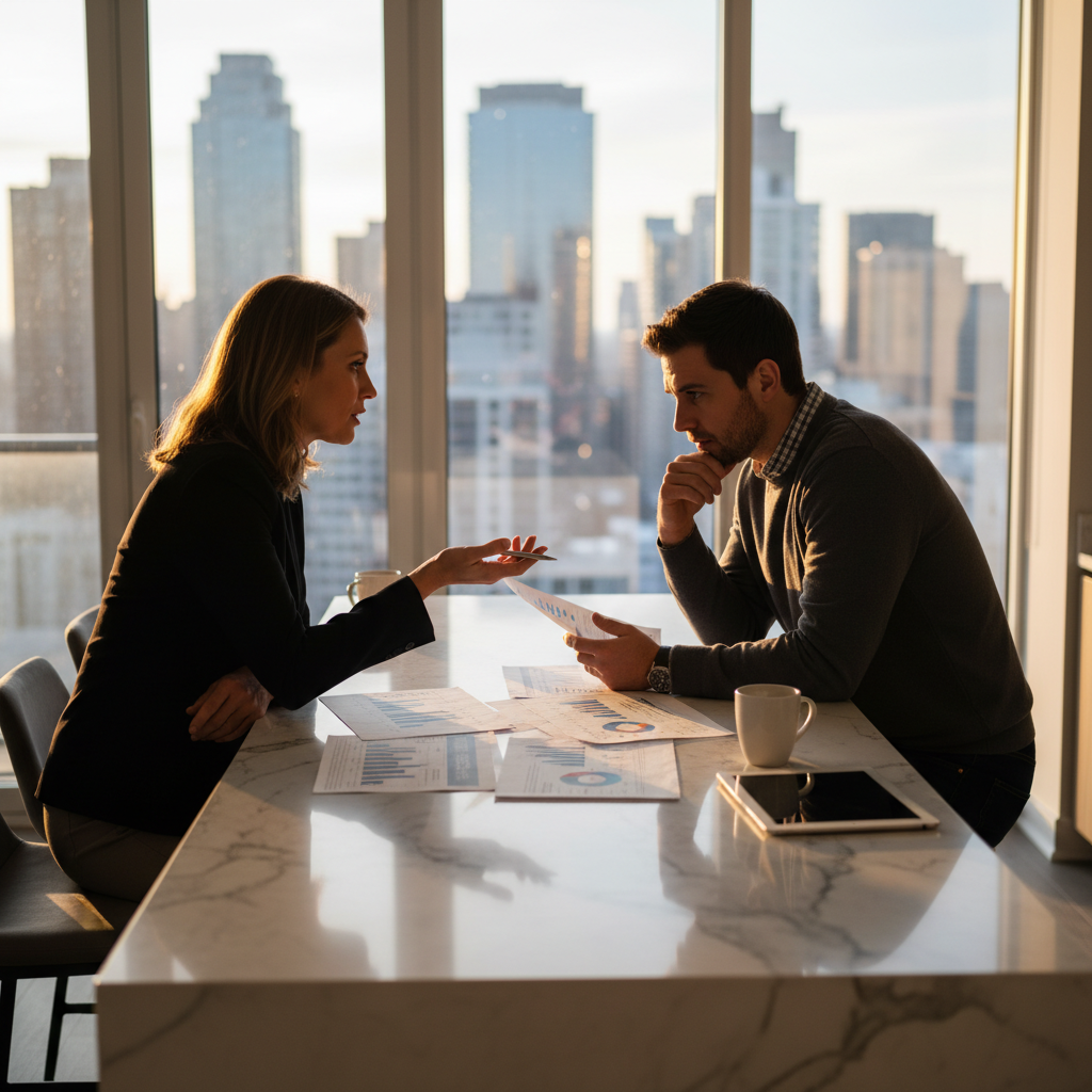 Realtor and homebuyer reviewing printed housing market report pages at a kitchen island, applying market report reading tips to a North York condo