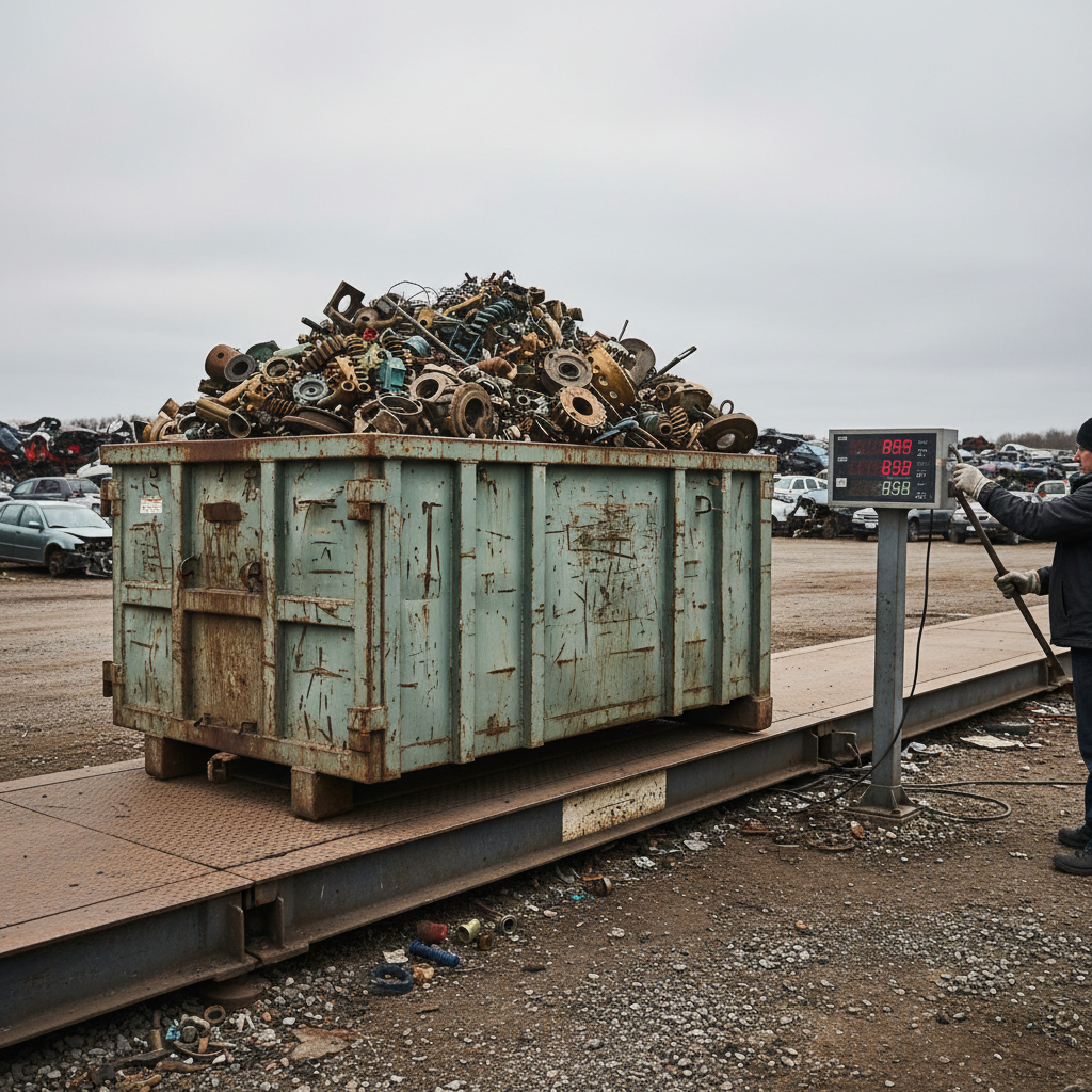 Side-angle view of a scrap yard platform scale weighing a bin of bronze parts to assess bronze value accurately