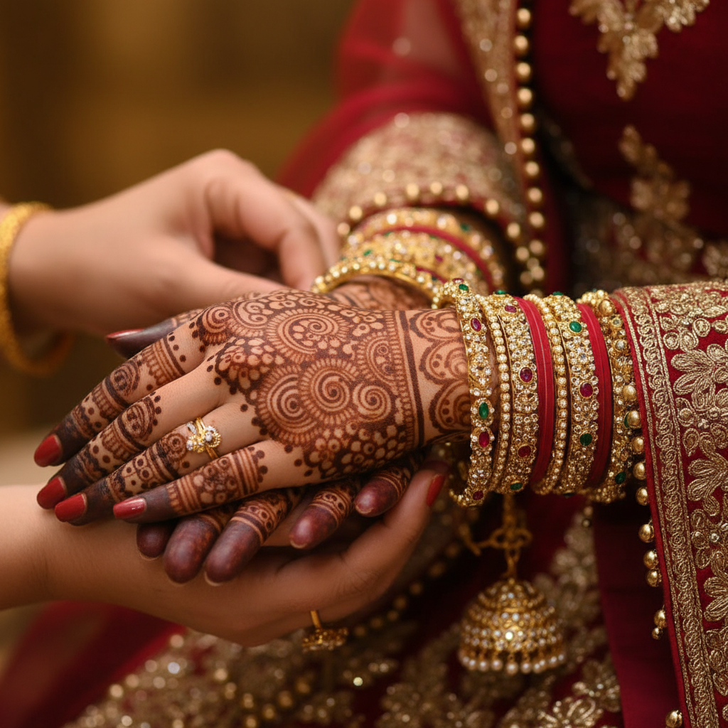 Close-up mehndi and bridal bangles detail for South Asian wedding planning in London