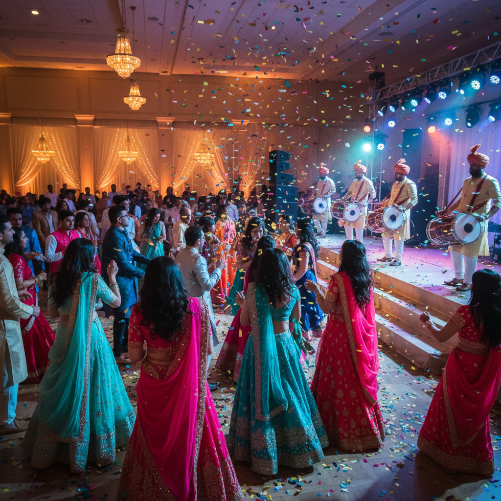 Vibrant sangeet dance floor with dhol players and colorful lighting in Greater London