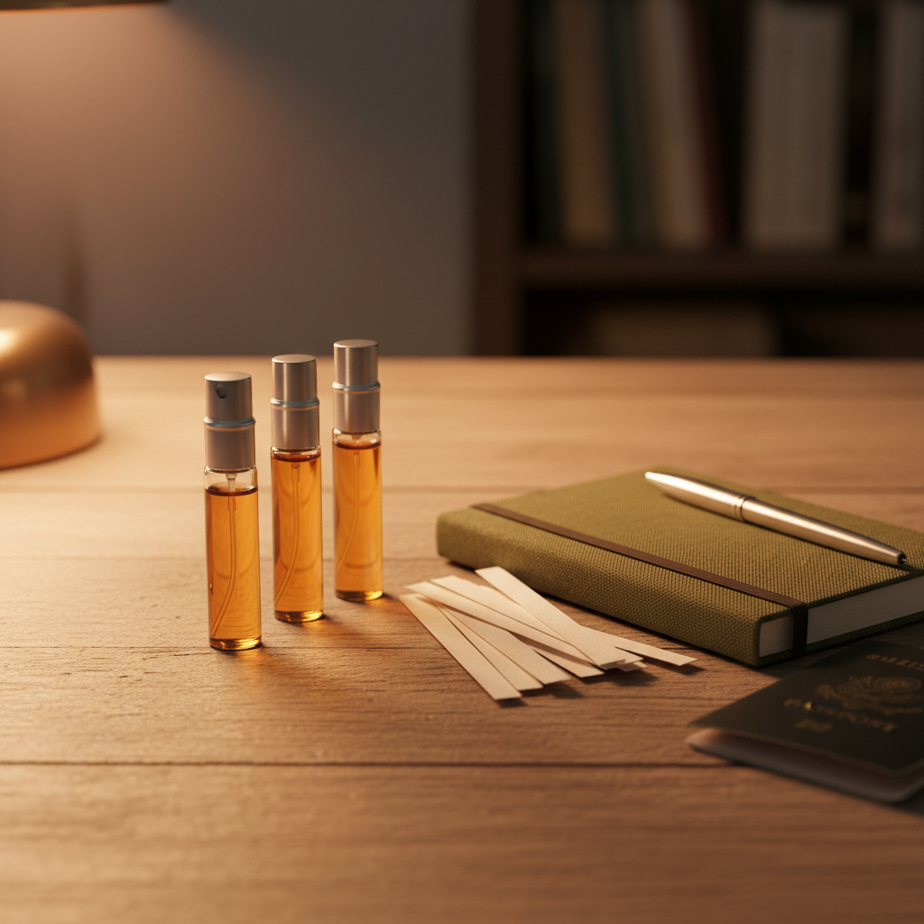 Discovery perfume set with sample vials and blotter strips for testing long-lasting scents at home