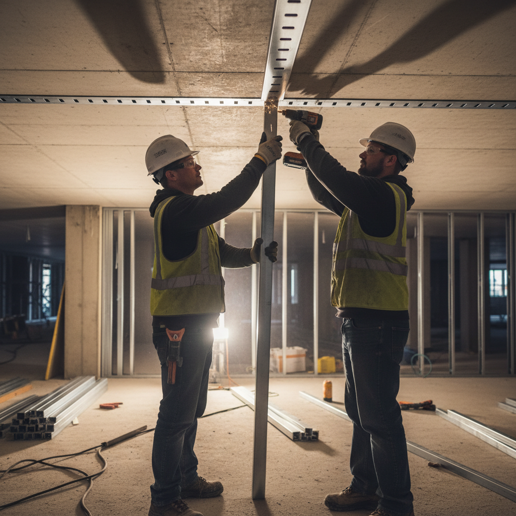 Crew installing metal studs into a slotted top track beneath a deck, demonstrating best practices for deflection track installation