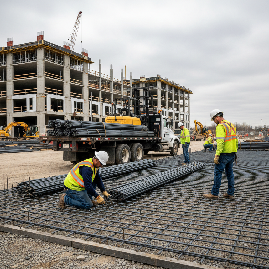 Flatbed truck delivering rebar to a GTA jobsite while ironworkers tie a slab mat — estimate to delivery alignment