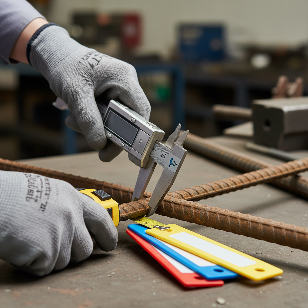 Close-up rebar estimating detail: measuring ribbed bar diameter with calipers — rebar estimating services workflow