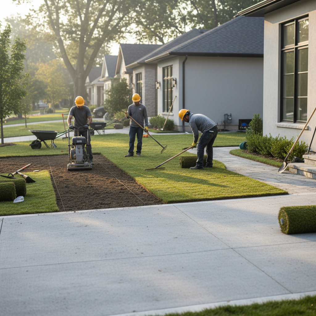 Landscaping crew in Mississauga grading soil and installing fresh sod rolls near a driveway as part of design-build