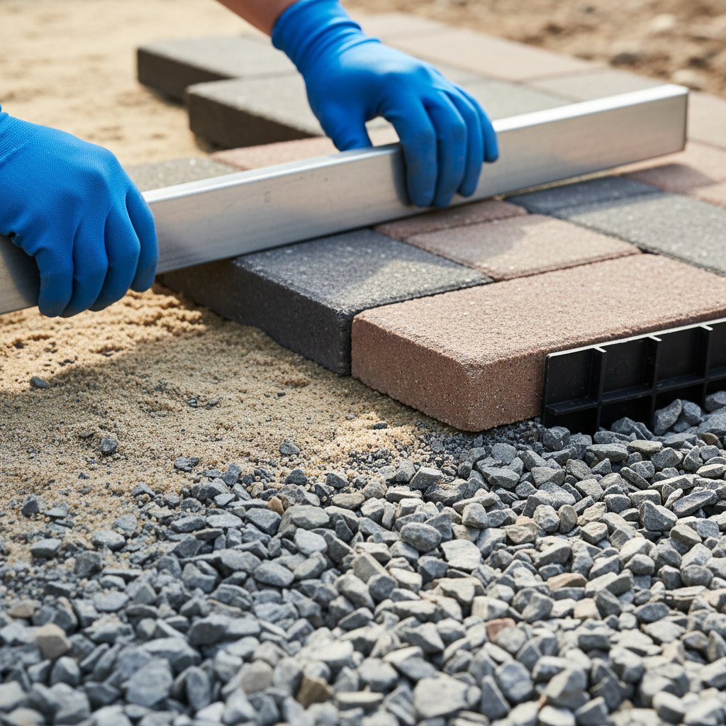Close-up of interlocking paver base preparation showing compacted gravel layers, bedding sand, and edge restraint for Mississauga landscape design